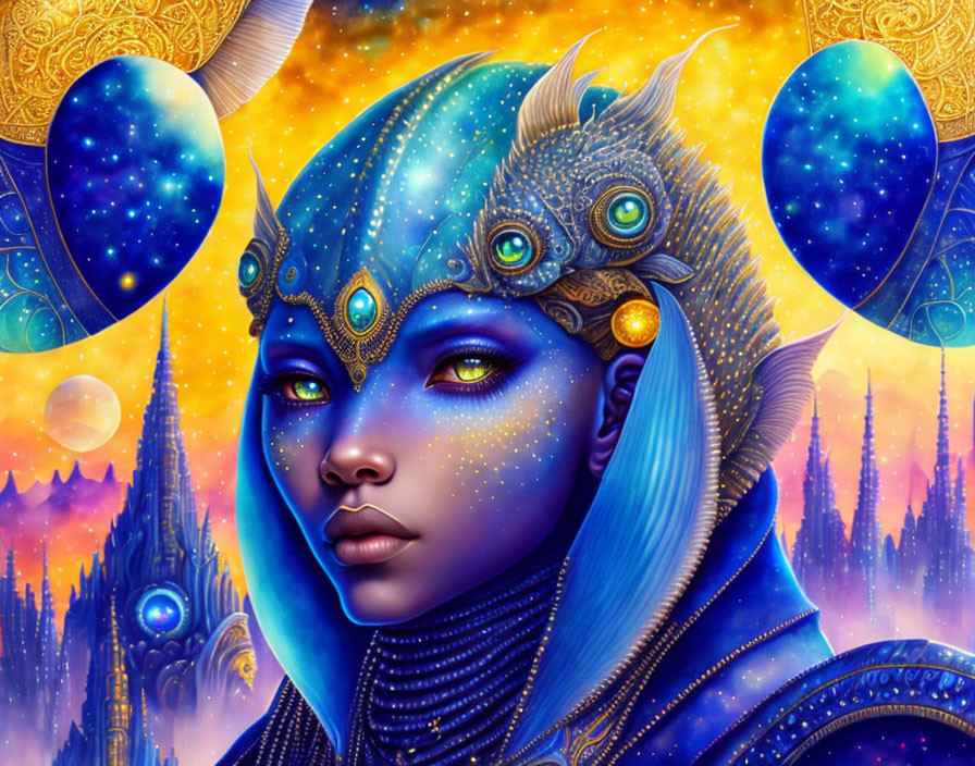 Vibrant digital art: Blue-skinned female figure in golden armor against cosmic backdrop