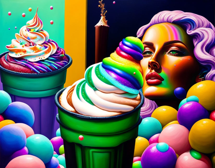 Colorful makeup woman with whimsical ice cream and balls