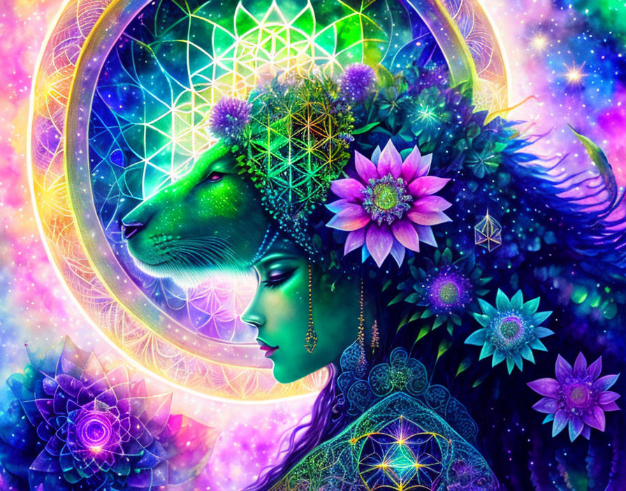 Colorful fusion of woman and lion in cosmic setting with mandalas and florals