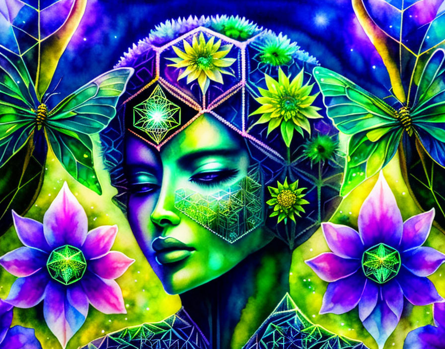 Colorful Psychedelic Woman with Butterflies and Lotus Flowers