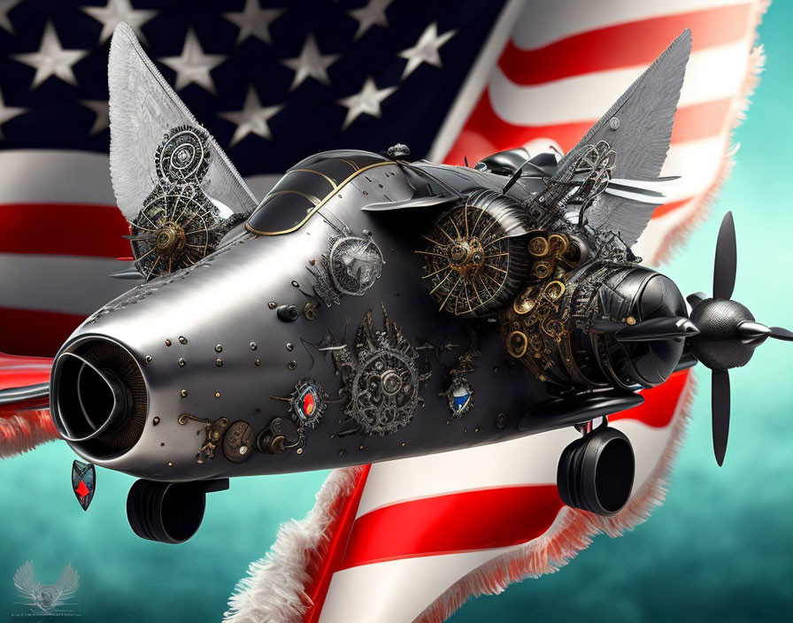 Steampunk-style fish-shaped submarine with gears on American flag background