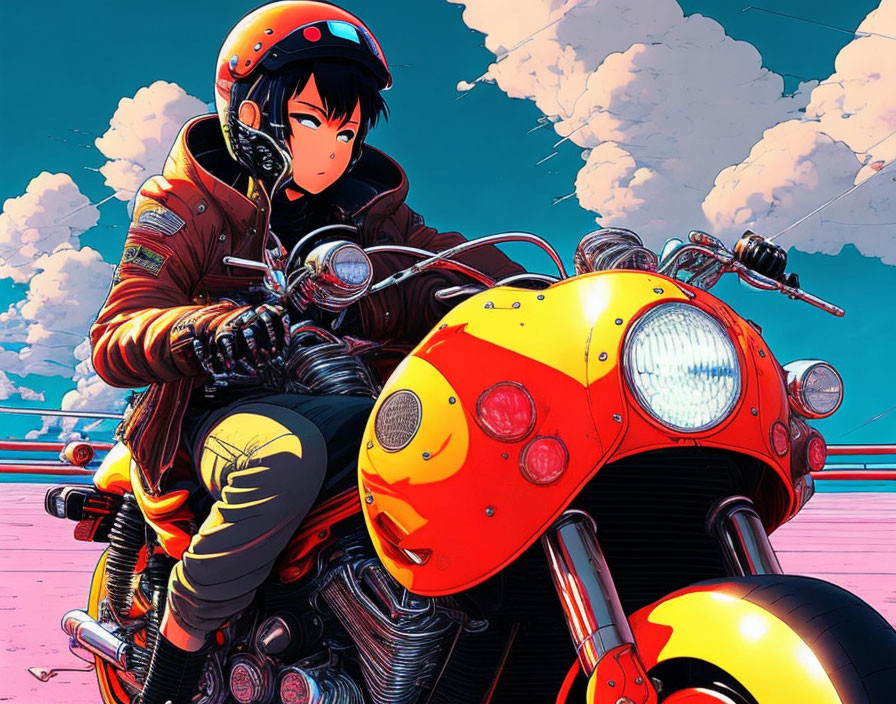 Animated character on vibrant motorcycle in futuristic cityscape