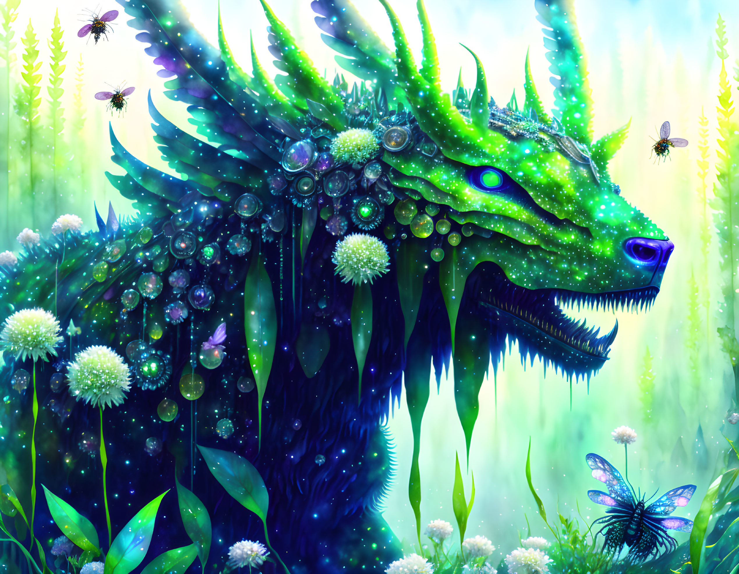 Colorful mythical dragon in lush forest with butterflies and bees