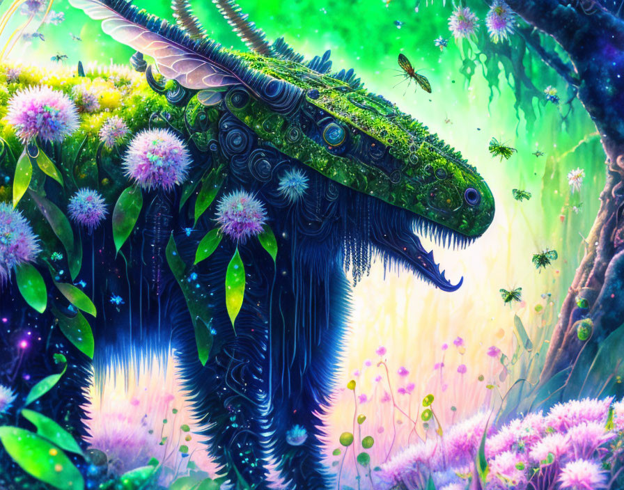 Digital artwork: Vibrant reptilian creature in mossy, floral neon forest