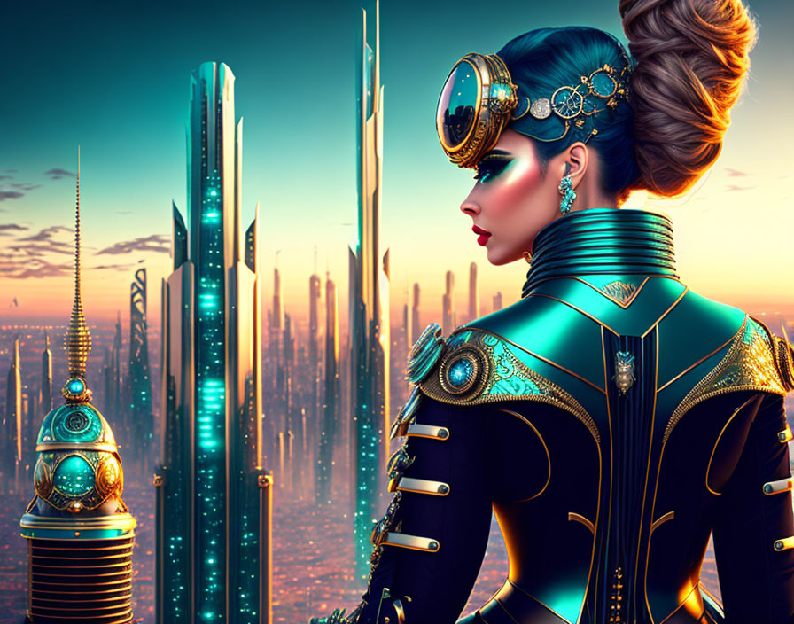 Futuristic female figure in teal and gold armor against city skyline at dusk