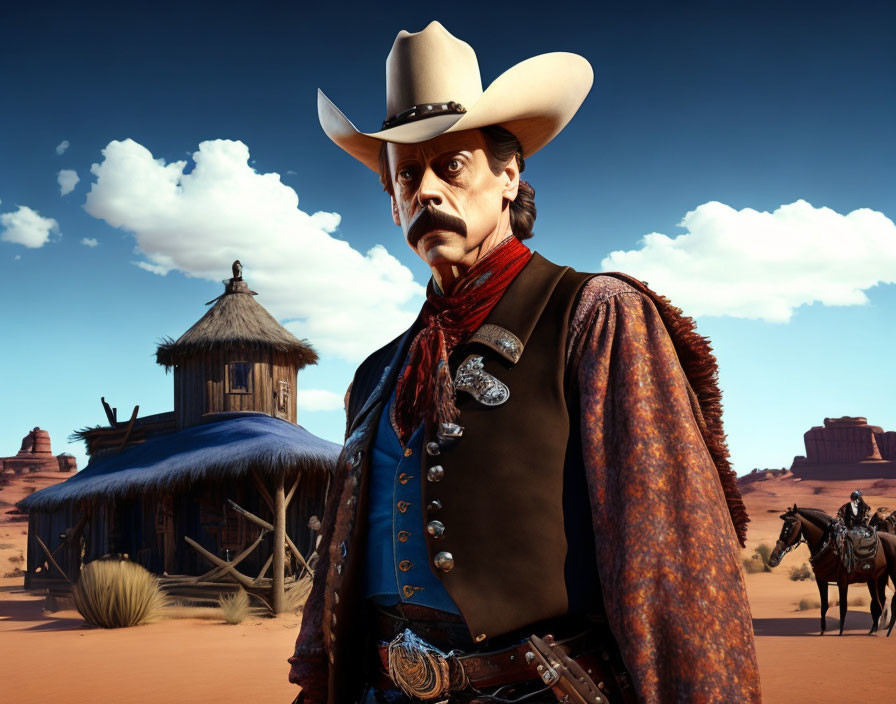 Cowboy with Mustache in Desert Town Scene