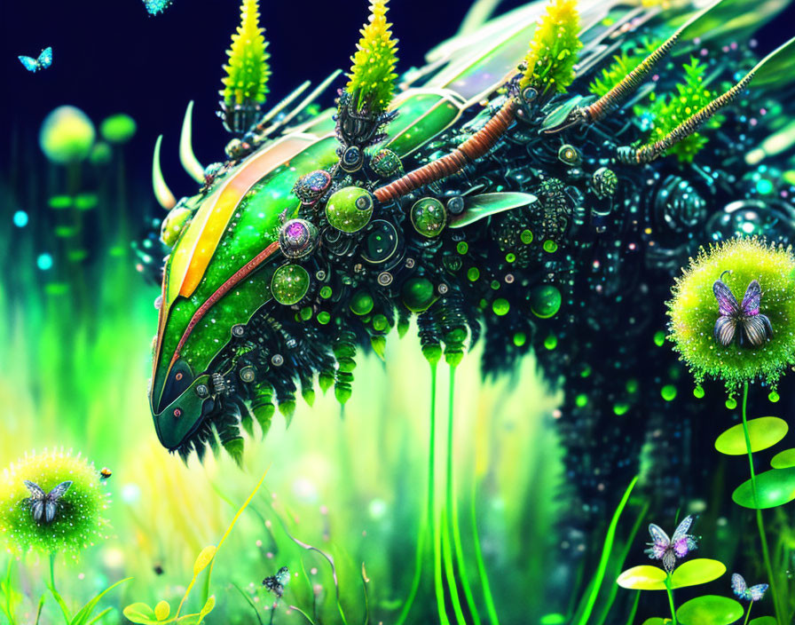 Vibrant digital art: mechanical insect in fantasy green landscape