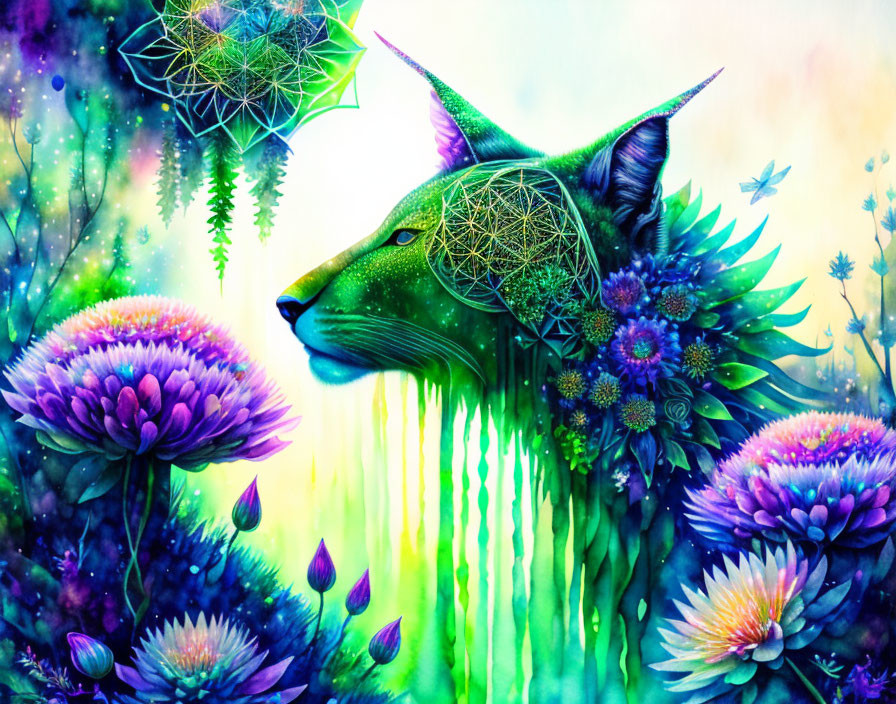 Colorful mystical cat with neon green skin and geometric patterns surrounded by vibrant flowers and crystals