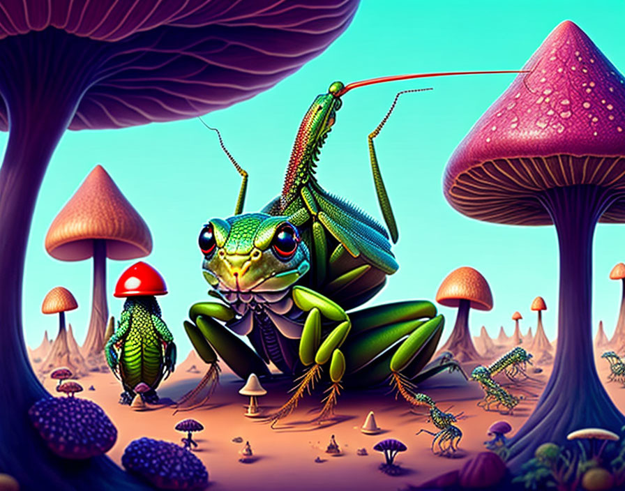 Colorful Frog and Cricket Fishing Among Oversized Mushrooms