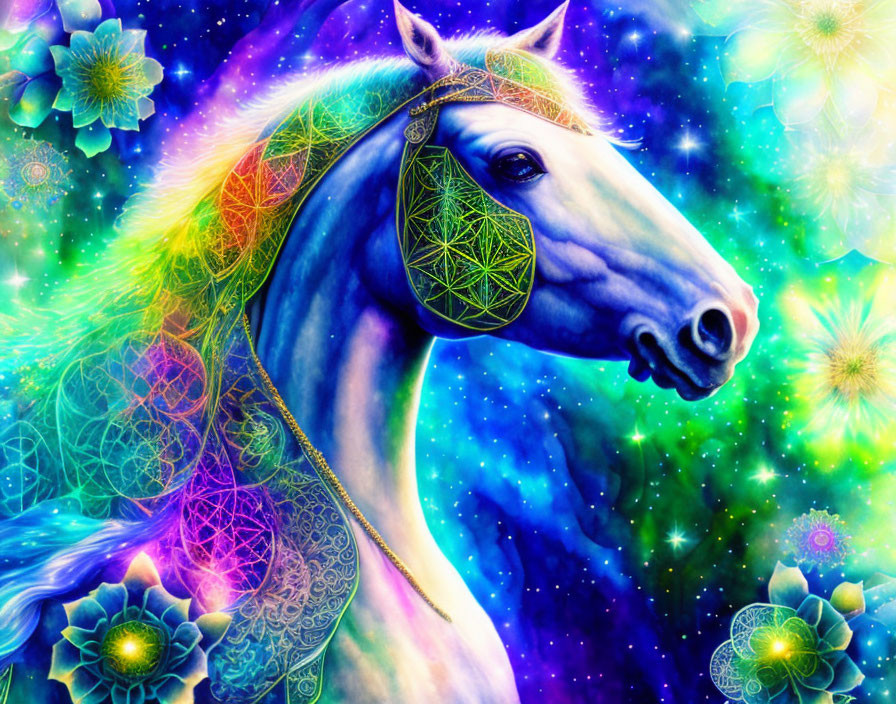 Colorful Psychedelic Horse with Cosmic Background