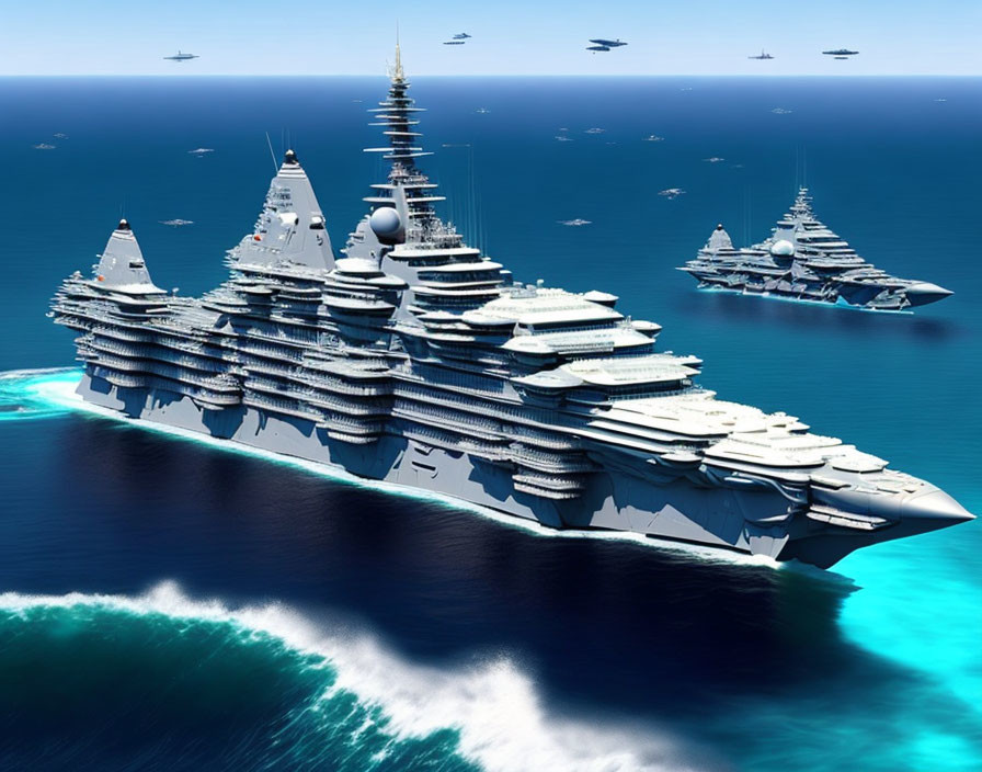 Futuristic multi-tiered warships on calm blue ocean with aircraft in clear sky