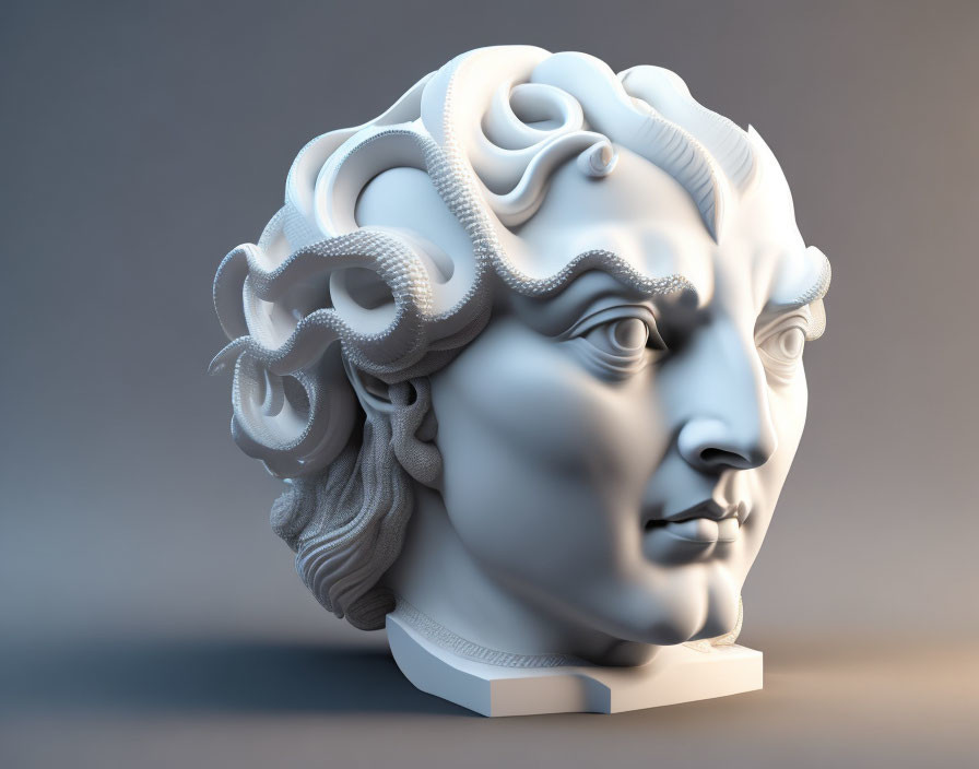Classical bust with detailed curly hair in 3D render