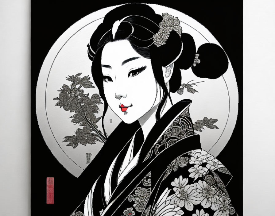 Monochromatic Geisha illustration with intricate kimono patterns in circular floral backdrop