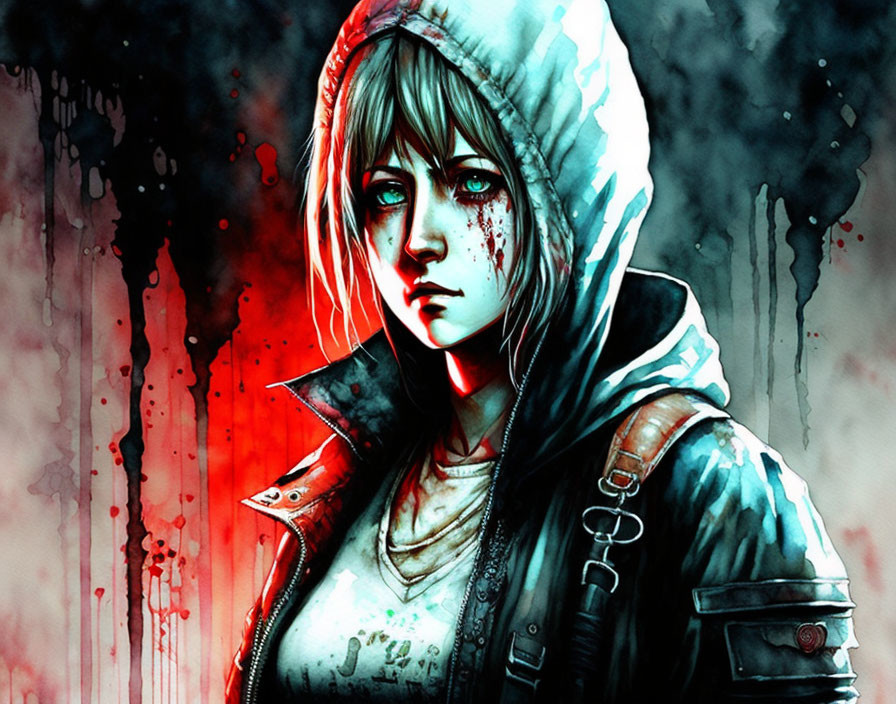Stylized illustration of a woman with bloodied face and hooded jacket
