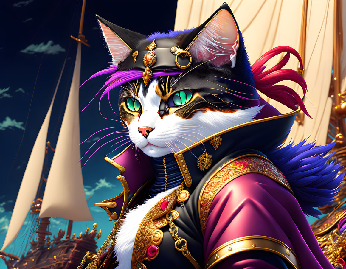 Regal anthropomorphic cat in purple admiral's uniform