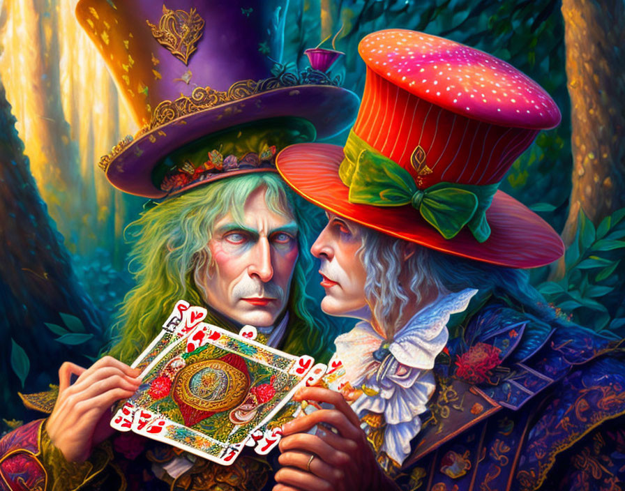 Whimsical characters with elaborate hats and playing cards in enchanted forest