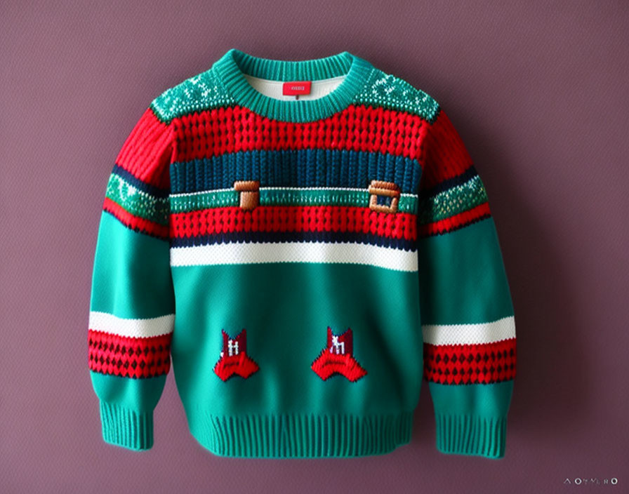 Colorful Knitted Sweater with Red, Green, and Blue Stripes and Decorative Patterns