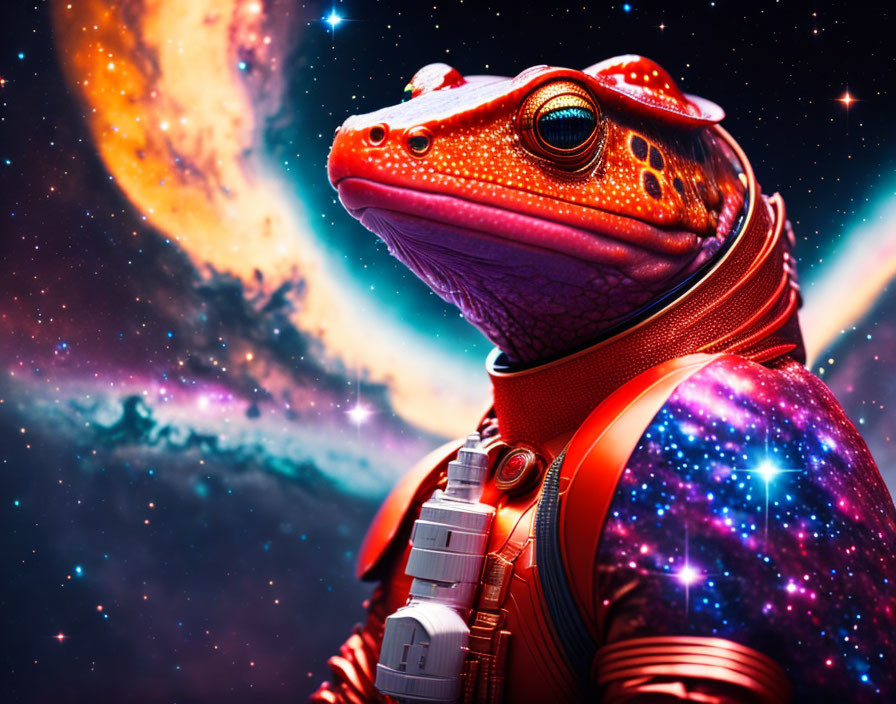 Red frog in space suit against cosmic backdrop with stars and galaxy