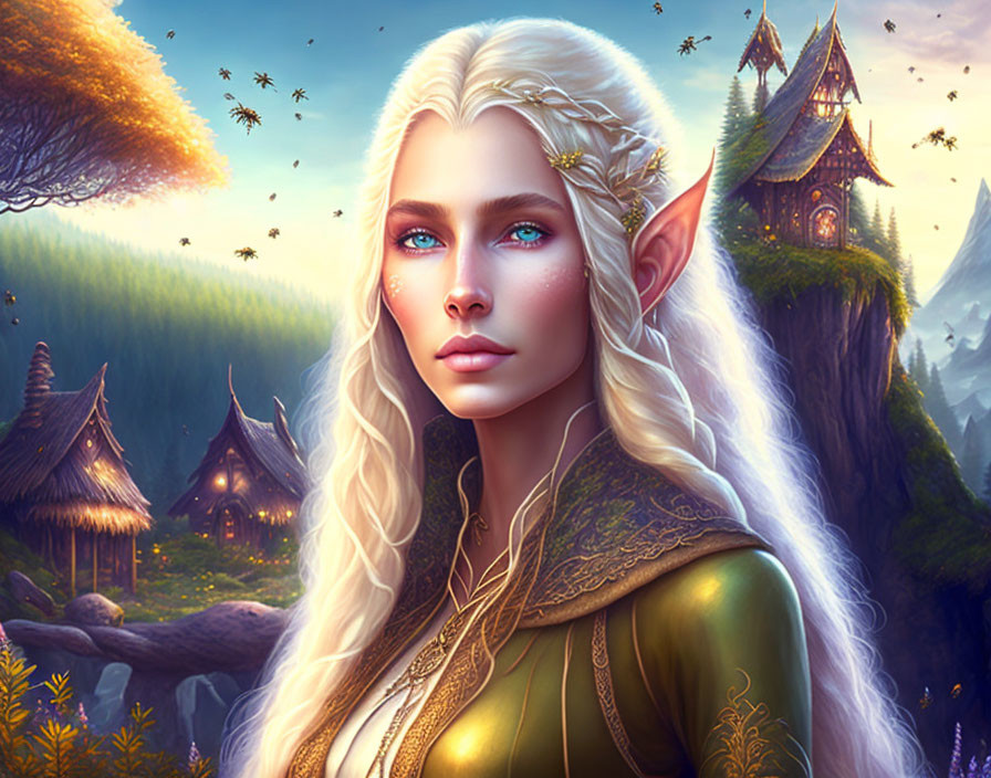 Fantasy setting with elf, blue eyes, white hair, ethereal foliage, treehouse