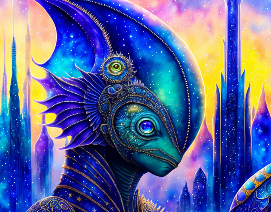 Colorful Psychedelic Creature Illustration on Starry Background