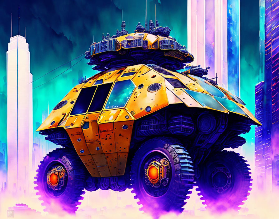 Futuristic six-wheeled armored vehicle in neon-lit cityscape