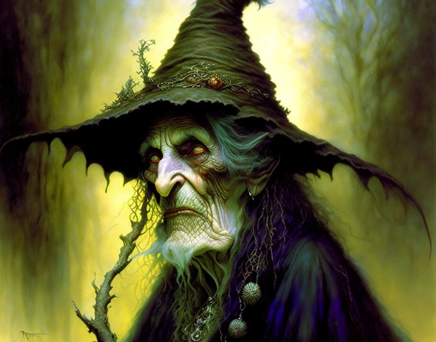 Green-skinned witch portrait with pointed hat and mystical ambiance