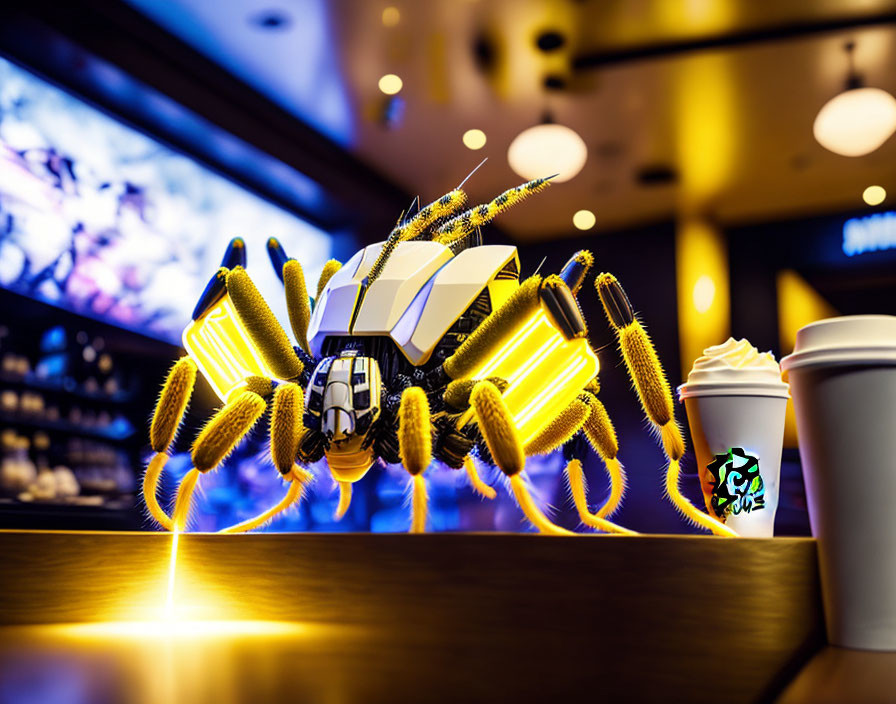 Futuristic robotic spider with glowing yellow accents in cafe setting