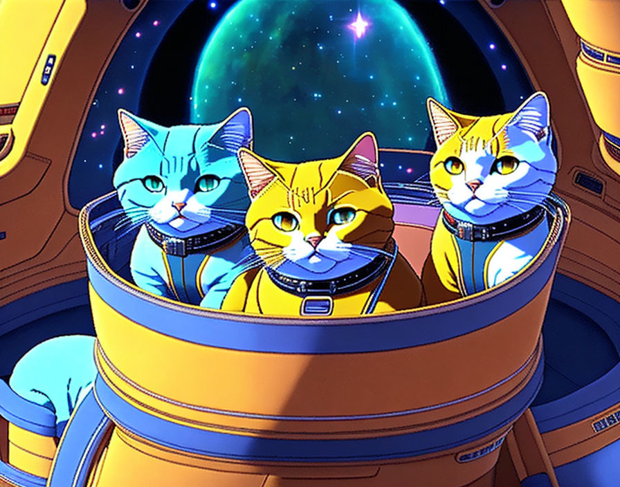 Three cartoon cats in astronaut suits in a spacecraft with a space view.