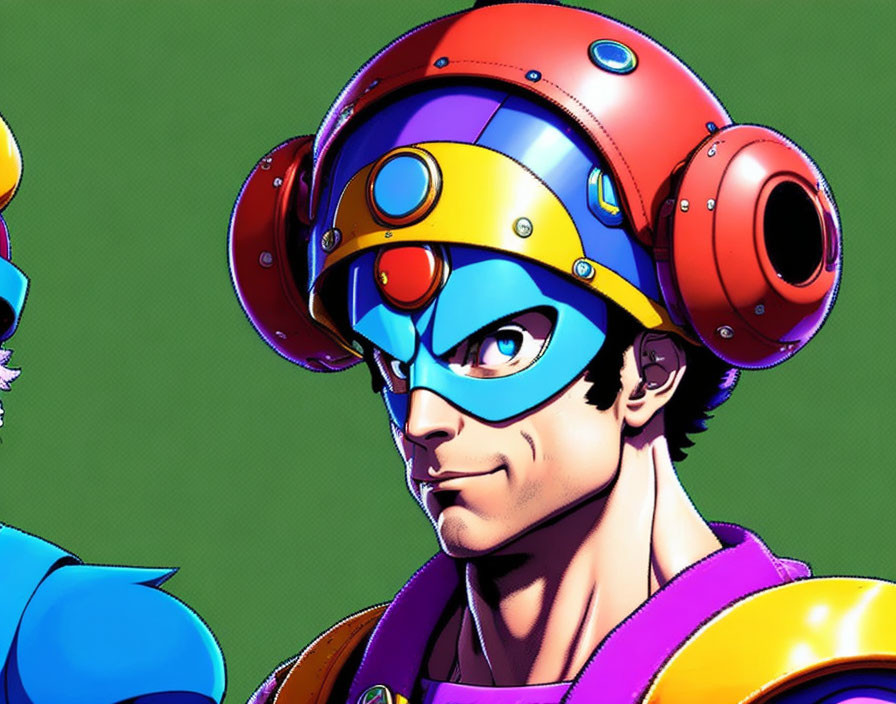 Character with Red Helmet, Blue Visor, Purple Jacket: Confident Illustration