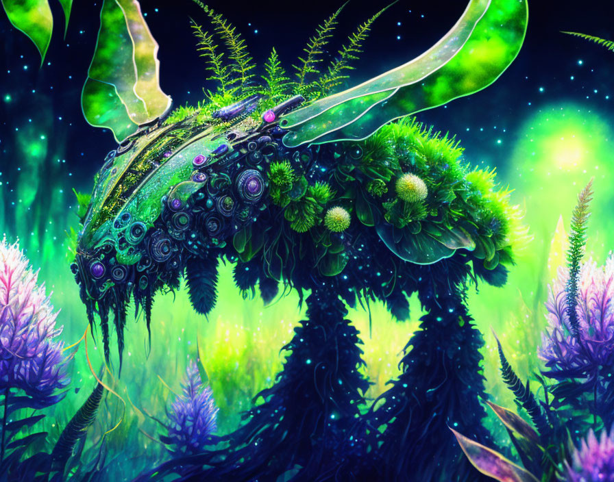 Whimsical creature with green mane and mechanical elements on starry backdrop