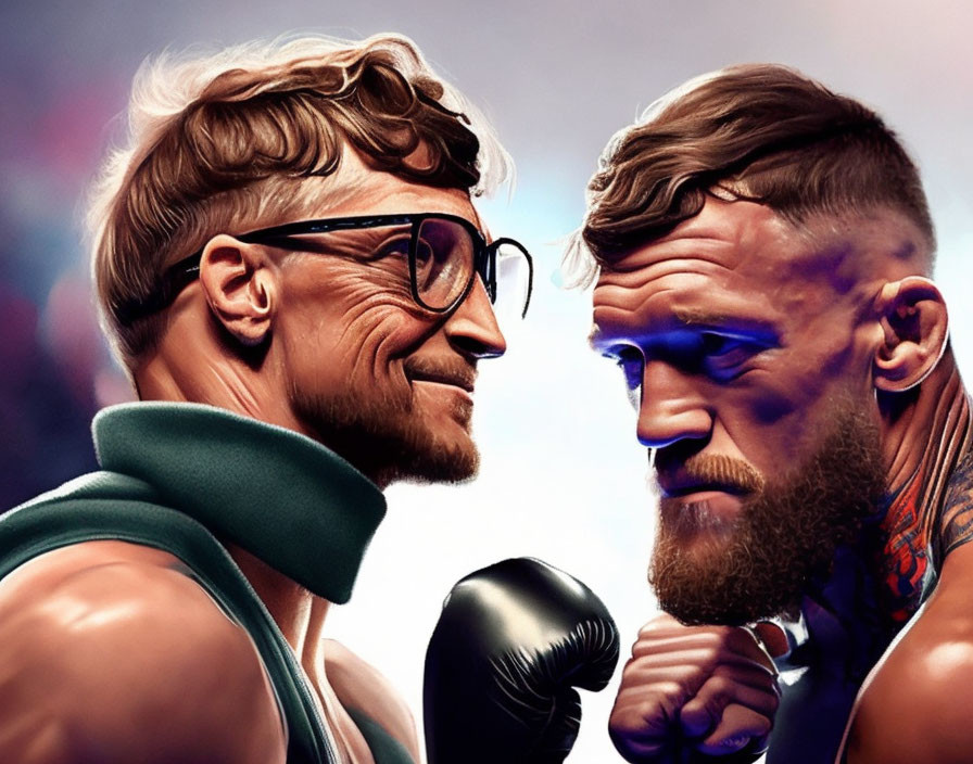 Bearded man with tattoos meets doppelganger in suit for a boxing match