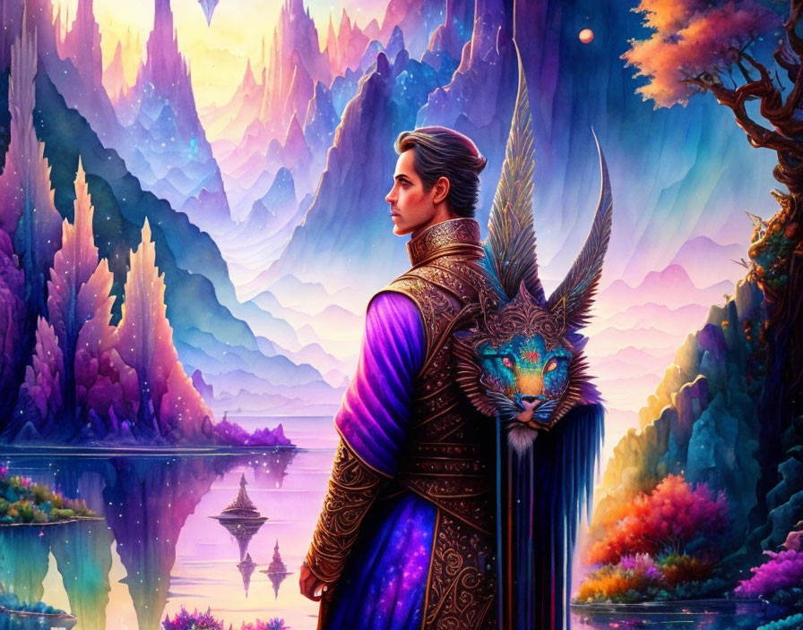 Regal man in purple cloak in fantasy landscape with glowing trees and floating structures