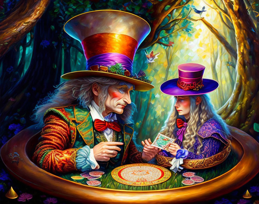 Whimsical forest tea party with Mad Hatter and Alice