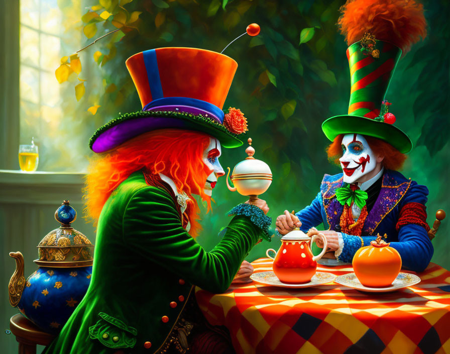 Colorful Clown Costumes Tea Party by Sunlit Window