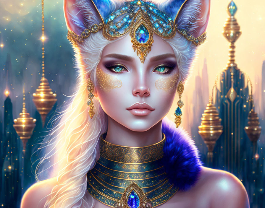 Fantasy digital artwork: Female character with feline ears, blue eyes, gold jewelry, mystical city