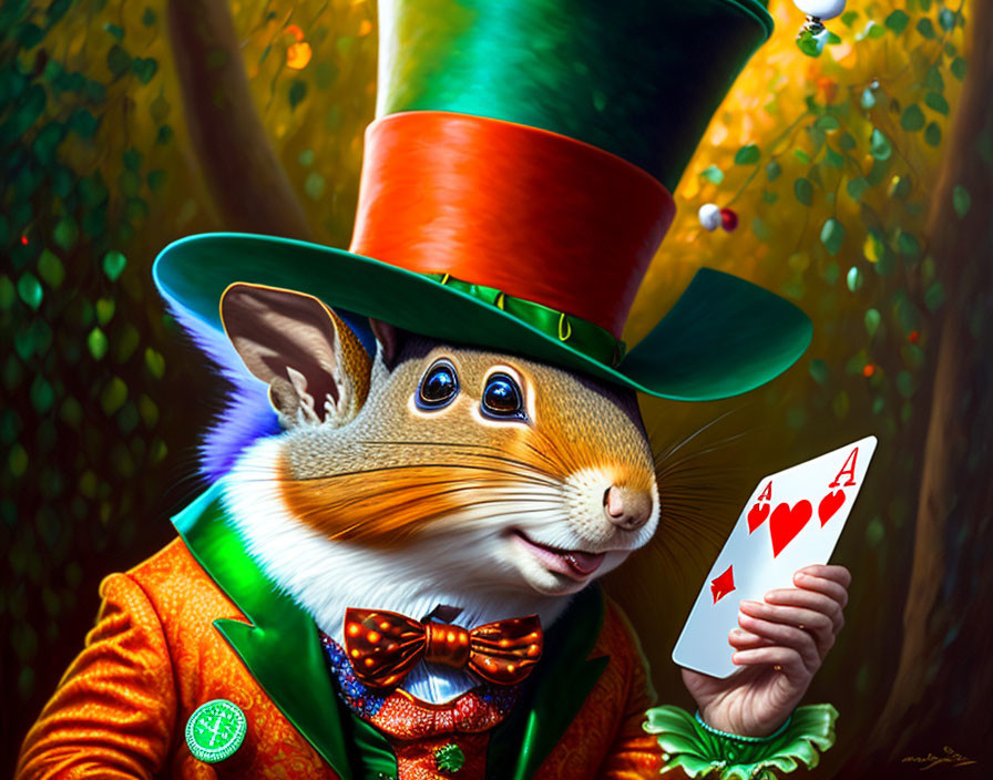 Anthropomorphic mouse in green-orange suit with top hat holding ace of hearts card