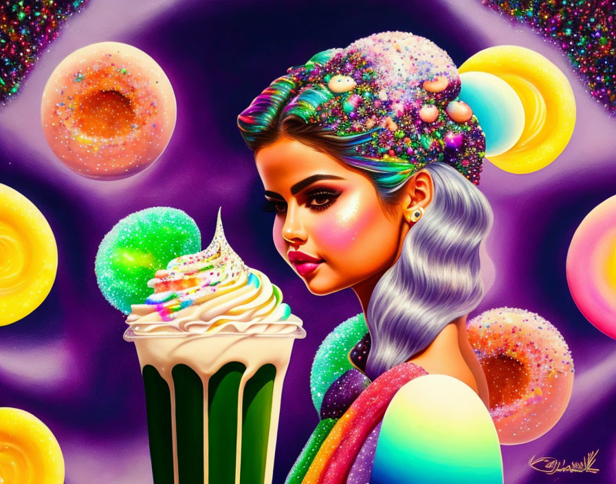 Colorful Artwork: Woman with Galaxy Hair Holding Ice Cream in Space