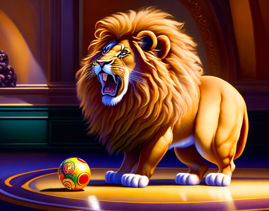 Illustrated majestic lion with rich mane in regal room with colorful ball