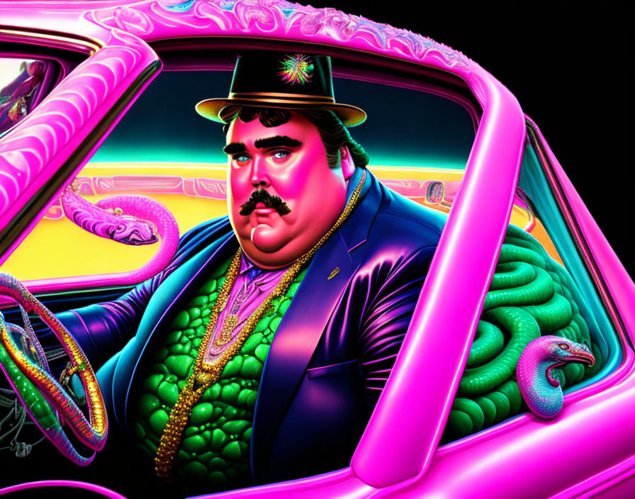Vibrant digital art: stylized man in suit with snakes, neon pink vehicle