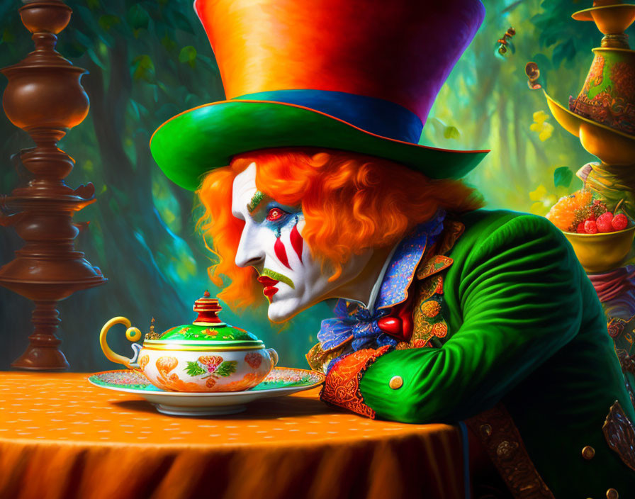 Colorful Mad Hatter with Red Hair at Tea Party Setup