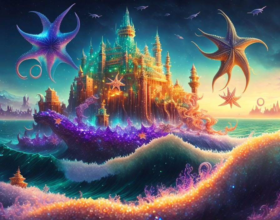 Vibrant seascape with glowing castle and starfish-like creatures