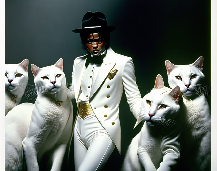 Person in White Suit and Hat with Large White Cats on Dark Background