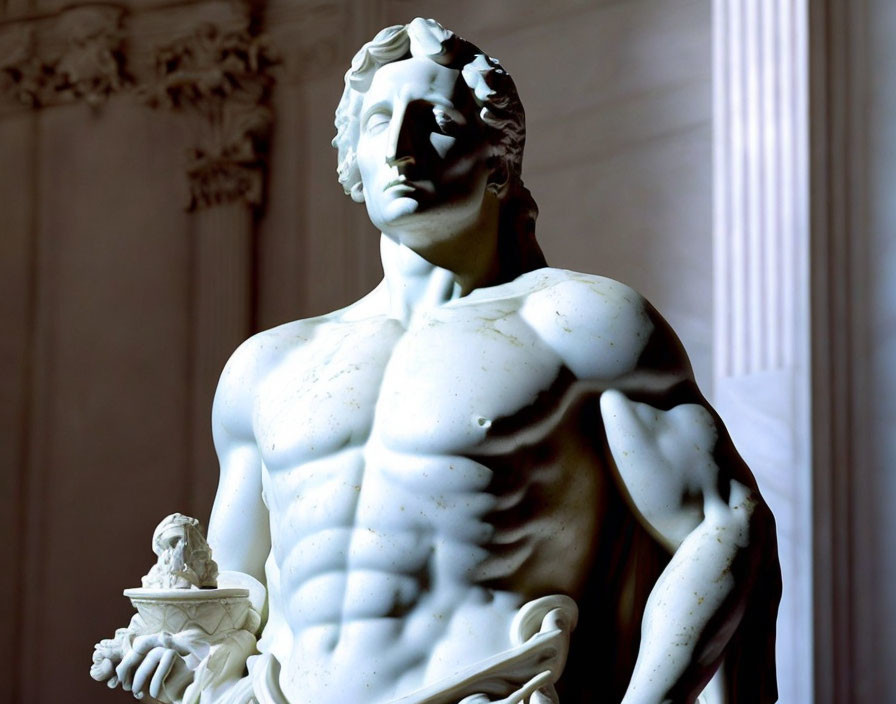 Marble statue of muscular shirtless man with curly hair holding small figure, beside columns