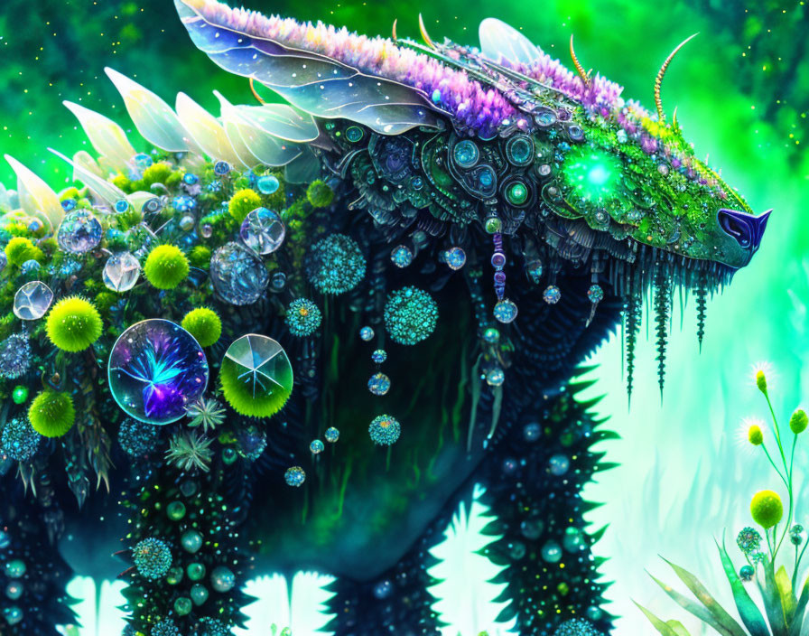 Fantastical creature with green foliage and crystals in digital art