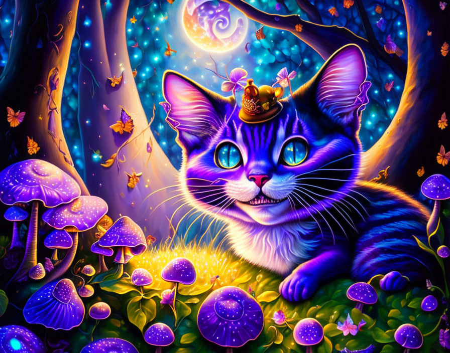 Colorful Blue Cat in Mystical Forest with Glowing Eyes