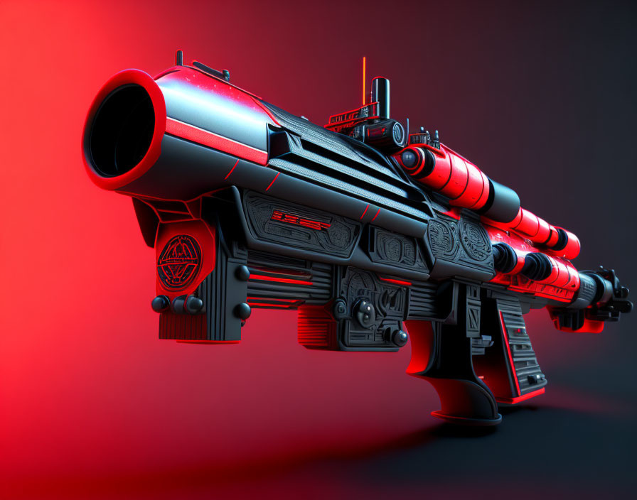 Futuristic Red and Black Sci-Fi Blaster Gun on Red Gradient Background