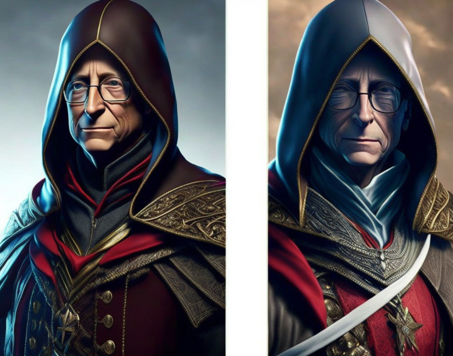 Dual portraits of a man transformed into fantasy game character with red and blue cloak and intricate armor.