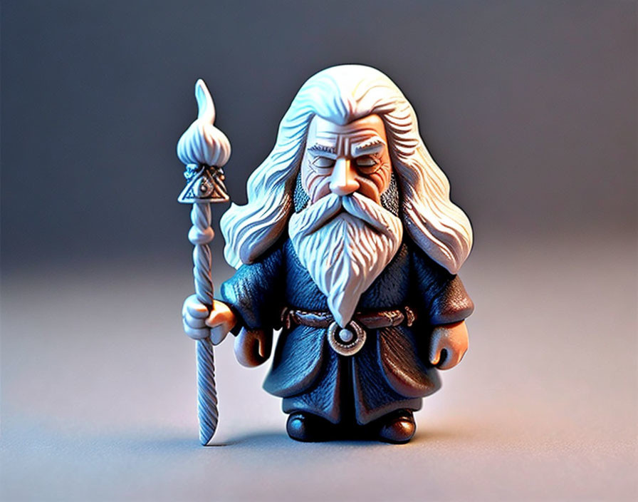 Intricately detailed wizard figurine with staff and pointed hat on soft-focus background