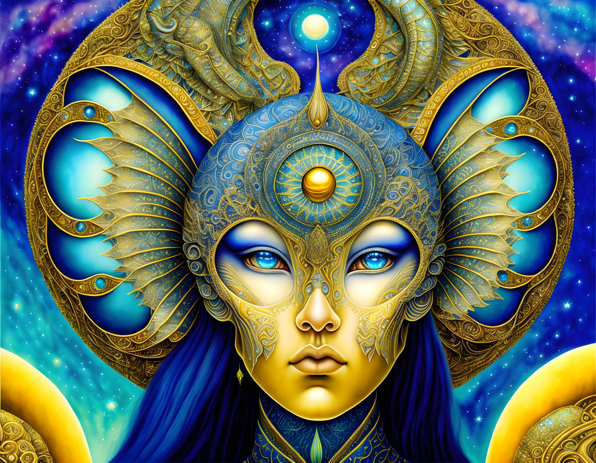 Illustration: Blue-skinned character with golden headdress in cosmic setting