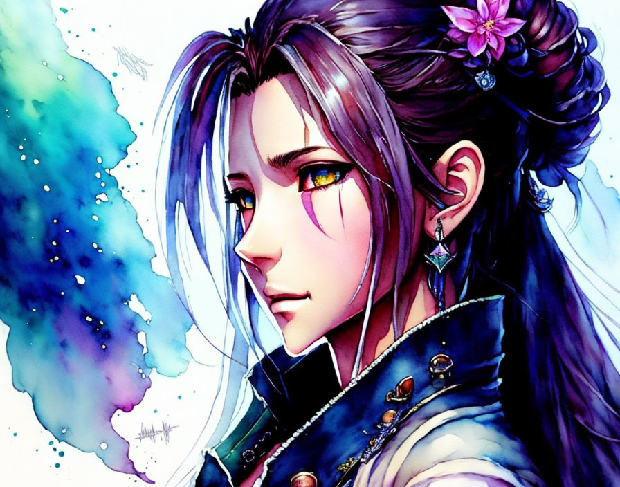 Portrait of a Person with Long Dark Hair and Dual-Tone Eyes in Blue Jacket with Watercolor Splash